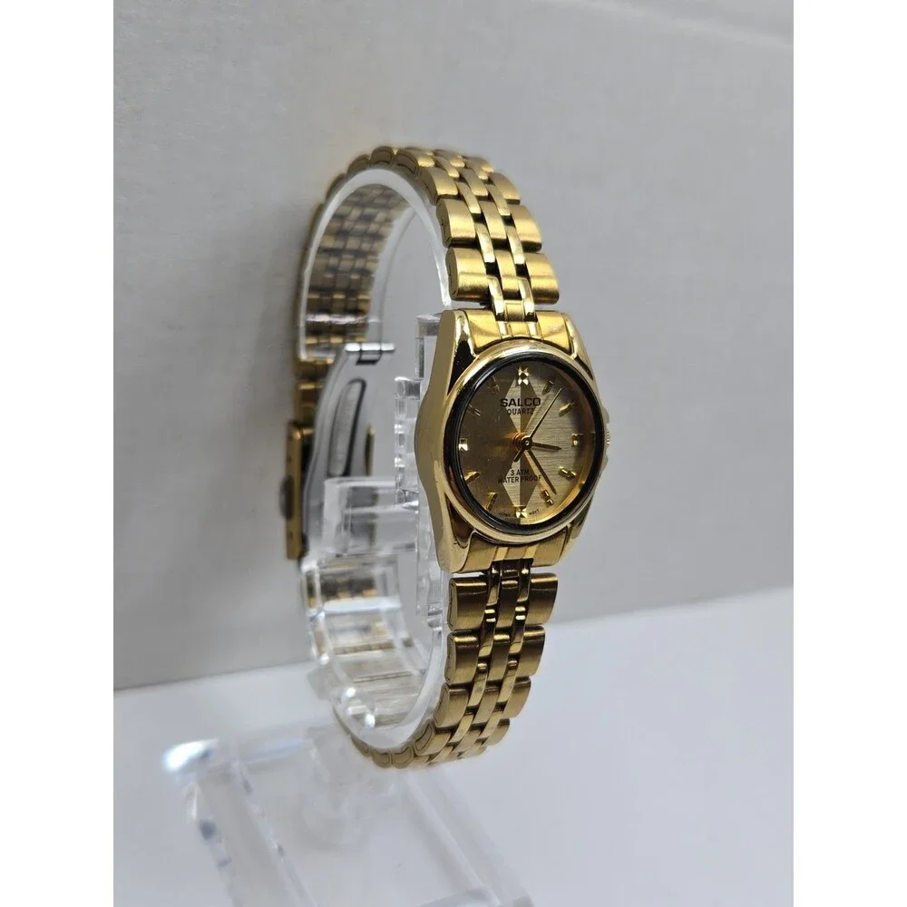 Womens Salco Gold Tone Quartz Bracelet Dress Watch Dainty Petite New Battery